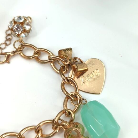 Flower Heart Pearl Charm Turquoise Gold Tone Chunky Chain Bracelet - Picture 4 of 5
